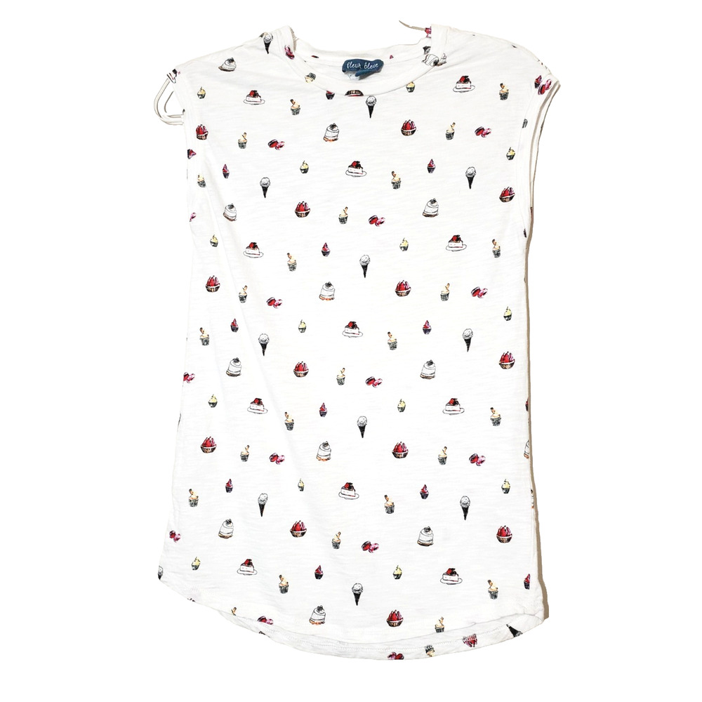 Fleur‎ Bleue Womens Small Top TEE T-shirt White DESSERT PRINT Cake Cotton Modal